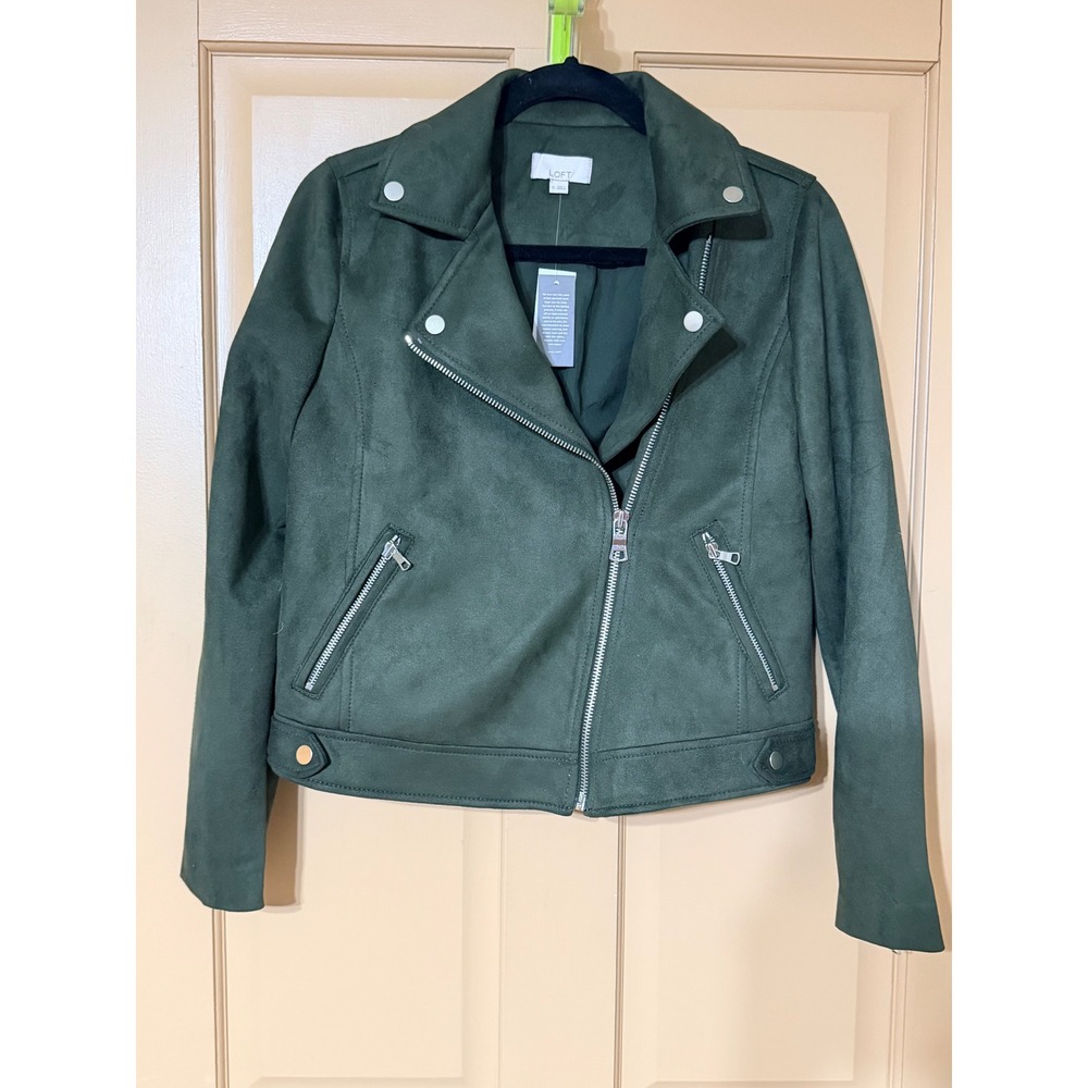 Loft Faux Suede Moto Jacket Dark Green Asymmetrical Zip Biker Coat Womens XS NEW